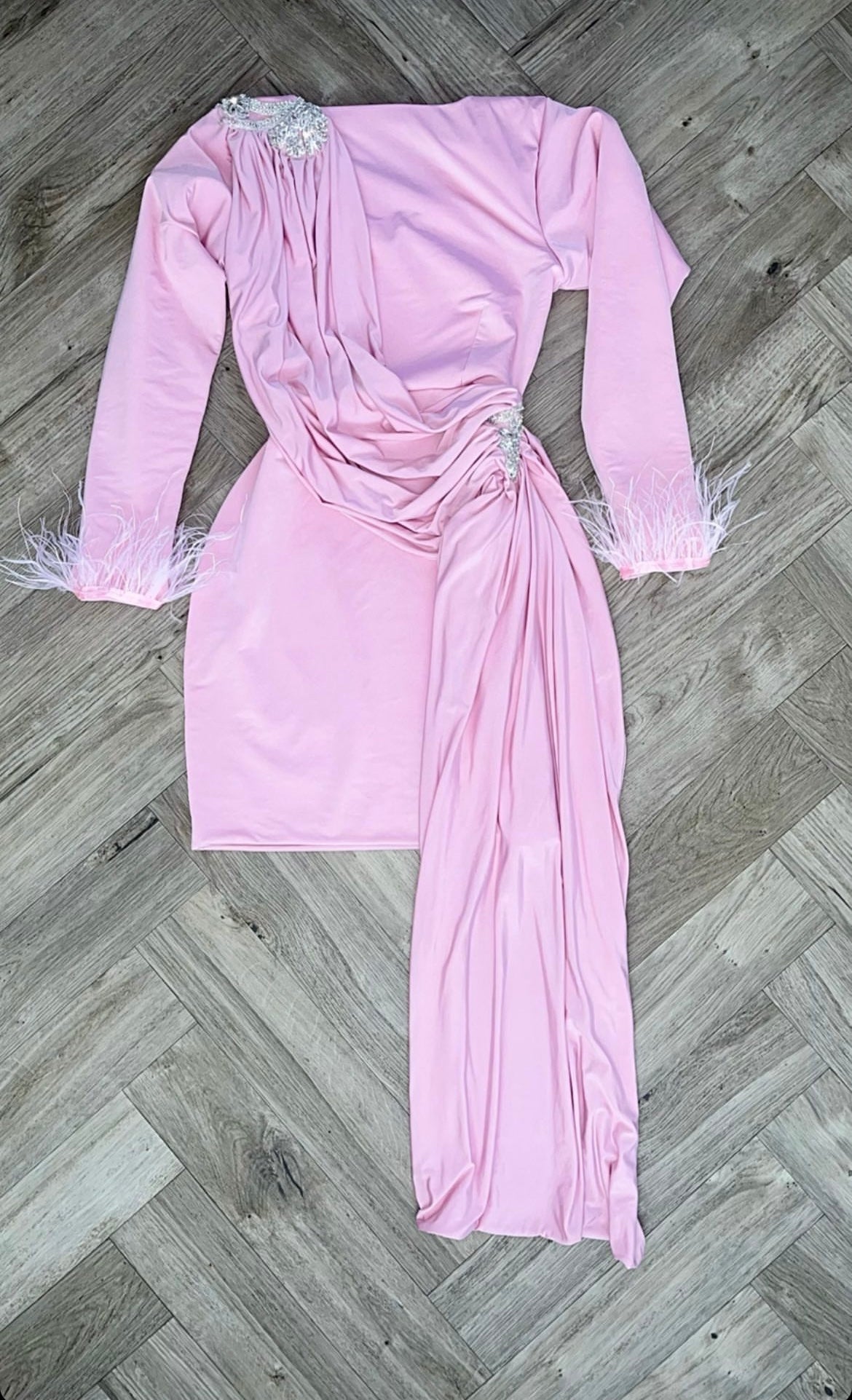 Drape front dress with train