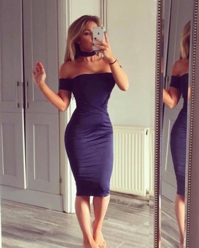 Twist front Bardot dress with choker