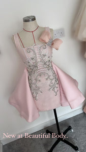 Glitter lace appliqué dress with bow