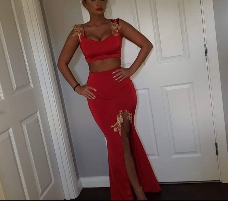Lace edged floor length two piece